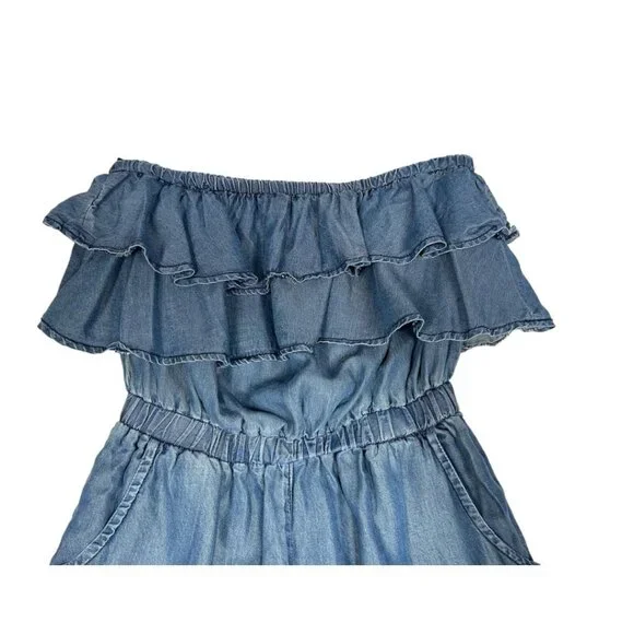 Blue Rain Chambray Romper Size Small Tencel Fabric Sleeveless Ruffles - Picture 2 of 7